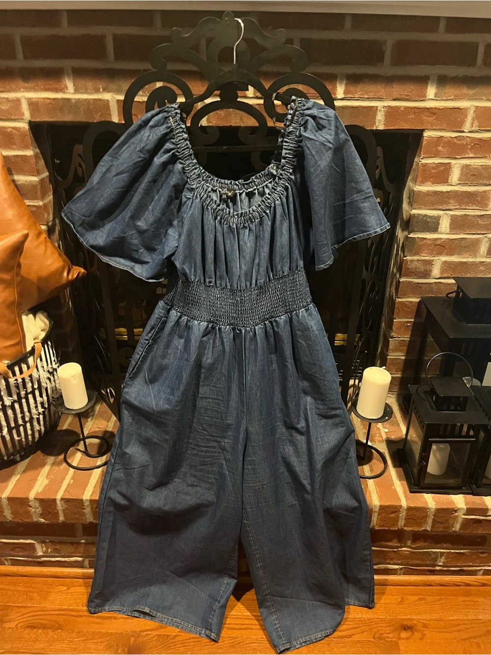 Blush Blue Puff-Sleeve Smocked Wide-Leg Jumpsuit Size:2X - Picture 3 of 15